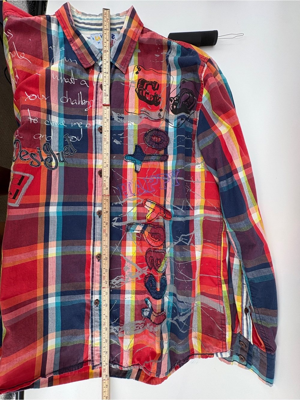 Desigual Men’s 2XL Plaid Graphic Button Up Shirt Long Sleeve Embroidered Artsy - Picture 6 of 10